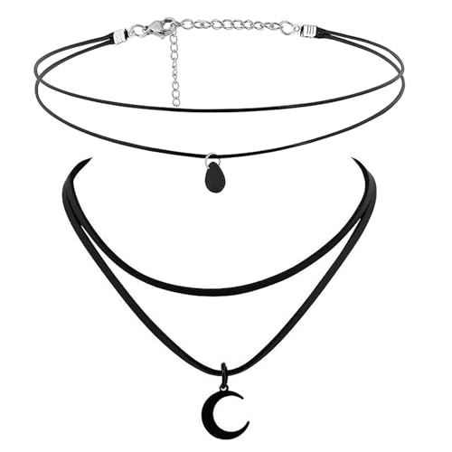 CHAOTEMAI 1 Stück Mond Kette + 1 Stück Tropfenförmige Halskette Doppellagiges Design Lederkette Damen Verstellbar Choker Vintage Gothic Schmuck Schwarz Choker Kette Damen für Party Halloween Alltag von CHAOTEMAI
