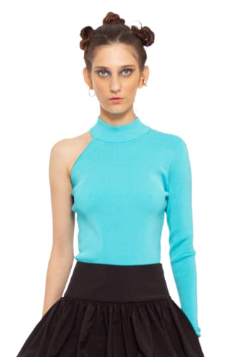 CHAOUICHE Damen Asymetrisches Strick-Top, Blau, L von CHAOUICHE