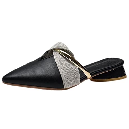 CHAOYI Damen Hausschuhe Sommer Mode Baotou Dicker Absatz Sandalen Frauen Metall Spitze Halbe Hausschuhe Damen Muller Schuhe Plus Size-Schwarz, 37 von CHAOYI