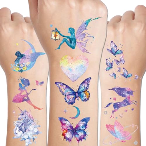 CHARLENT 110 Glitzerstile Temporäre Tattoos für Mädchen Frauen - 12 Blätter Glitzer Traum Schmetterling Mond Fee Einhorn Meerjungfrau Temporäre Tattoos für Mädchen Partygeschenke Festival Make-up von CHARLENT