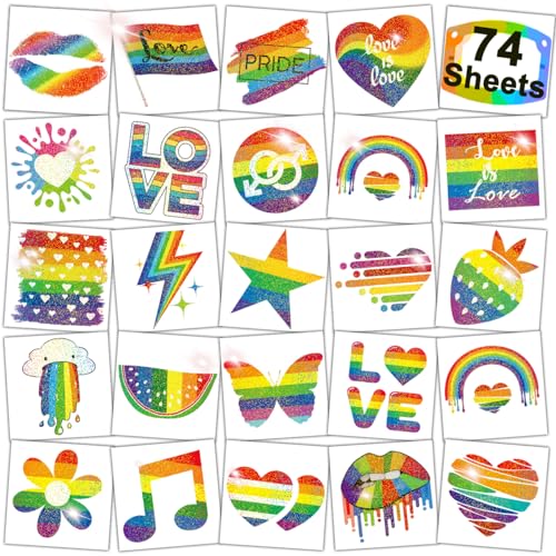 CHARLENT Glitzer-Regenbogen-Temporärtattoos – 74 Einzelne Blätter Glitzer-Pride-Tattoos Herz-Lippen-Liebes-Regenbogen-Tattoos für Pride-Festivals von CHARLENT