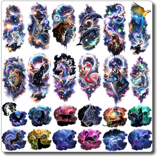 CHARLENT Temporäre Tattoos mit Galaxie-Tieren für Erwachsene und Kinder – 12 Bögen große Fake-Tattoos mit Tieren und 13 Bögen kleine Aufkleber mit wilden Tattoo-Designs von CHARLENT