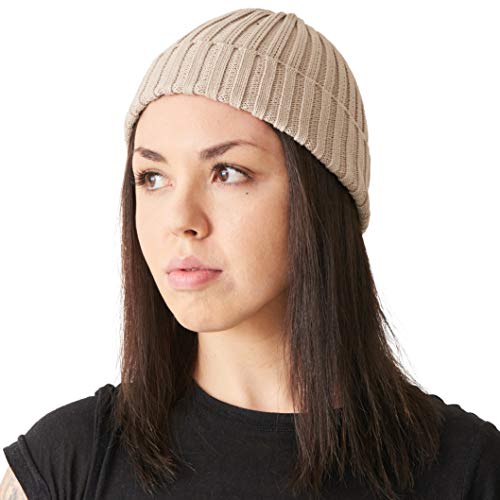 CHARM Herren Fisherman Beanie 100% Baumwolle Damen Strick Beanie Mütze Klassisches Einfaches Design Gerippt Slouch Hut Beige von CHARM