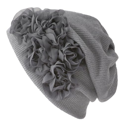 CHARM Damen 3 in 1 Multifunktionstuch - Beanie Mütze Stirnband Halstuch Loop Schal mit Blumenapplikation Sommer Winter Grau von CHARM