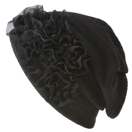 CHARM Damen 3 in 1 Multifunktionstuch - Beanie Mütze Stirnband Halstuch Loop Schal mit Blumenapplikation Sommer Winter Schwarz von CHARM