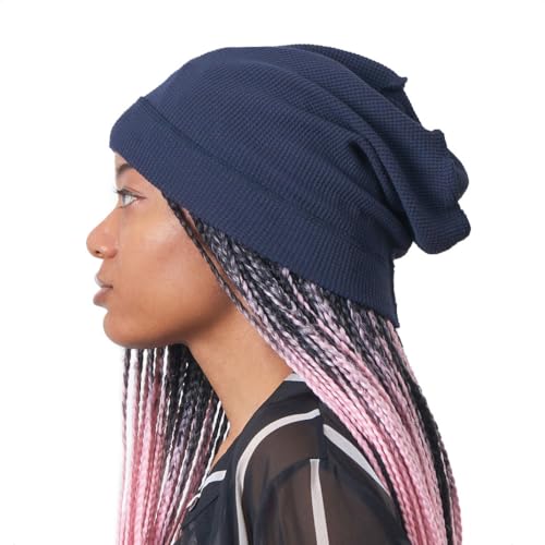 CHARM Herren Damen Dünne Sommer Strick Hut Long XXL Beanie Baumwolle Strickmütze Großer Kopf Waffel Jersey Stoff Navy Dunkel Blau von CHARM