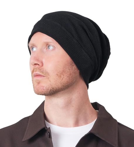 CHARM Herren Damen Dünne Sommer Strick Hut Long XXL Beanie Baumwolle Strickmütze Großer Kopf Waffel Jersey Stoff Schwarz von CHARM