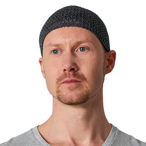CHARM Herren Hanf Sommer Häkelmütze - Gebetsmütze Islam Namaz Takke Strick Beanie Mütze Cap Skull Kufi L Dunkelgrau von CHARM
