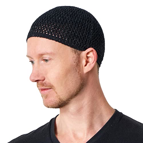 CHARM Herren Hanf Sommer Häkelmütze - Gebetsmütze Islam Namaz Takke Strick Beanie Mütze Cap Skull Kufi L Schwarz von CHARM