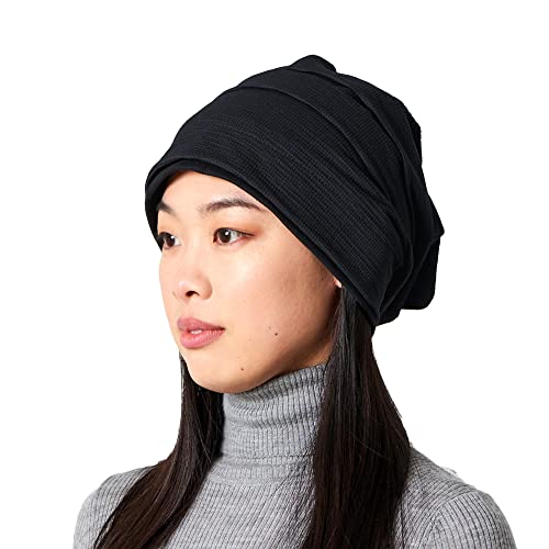 CHARM Hipster Beanie für Damen Herren - Herbst Frühling Sommer Mütze aus Waffelpique mit Baumwolle Falten Schwarz von CHARM