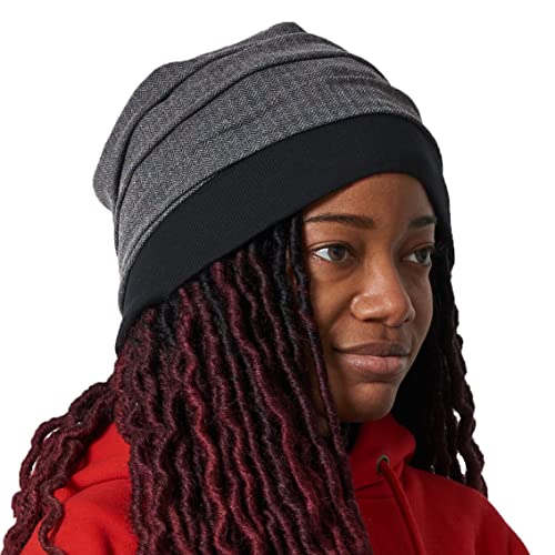 CHARM Long Beanie Für Damen & Herren - Baggy Beanie Leichte Mütze Mit Gelegten Falten Im Fischgrät Tweed Muster Mit Baumwolle Dunkel_Grau von CHARM