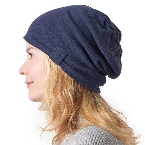CHARM Slouchy Beanie Mütze Für Damen & Herren - Baumwolle Sommer Hut Chemo Kopfbedeckung Schlafmütze Dünn Frühjahr Navy Marine Blau von CHARM