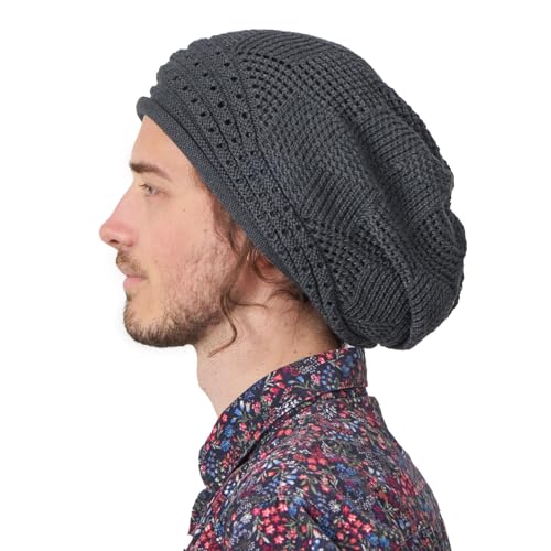 CHARM Sommer Crochet Dünne Mütze Damen Häkel Long Beanie Mütze Rasta Mütze Beret Cap für Herren aus Baumwolle Groß Dunkel Grau von CHARM