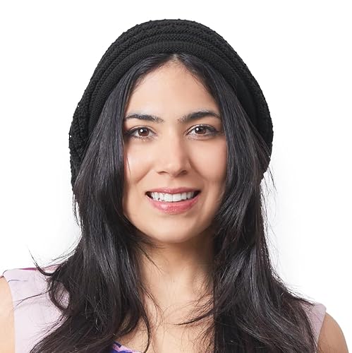 CHARM Sommer Crochet Dünne Mütze Damen Häkel Long Beanie Mütze Rasta Mütze Beret Cap für Herren aus Baumwolle Groß Schwarz von CHARM