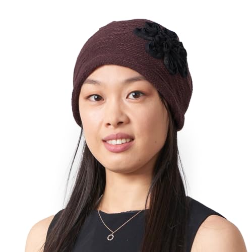 CHARM Strickmütze für Damen aus Baumwolle - Damenhut Elegant Baskenmütze Beanie mit Blumen Motiv Jede Jahreszeit Braun von CHARM