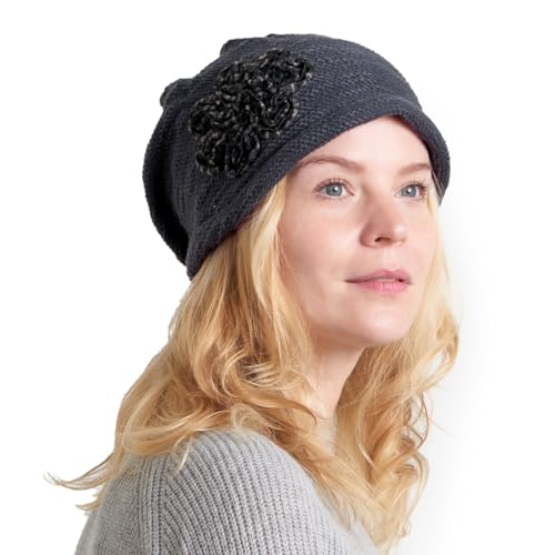 CHARM Strickmütze für Damen aus Baumwolle - Damenhut Elegant Baskenmütze Beanie mit Blumen Motiv Jede Jahreszeit Grau von CHARM