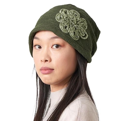 CHARM Strickmütze für Damen aus Baumwolle - Damenhut Elegant Baskenmütze Beanie mit Blumen Motiv Jede Jahreszeit Khaki von CHARM