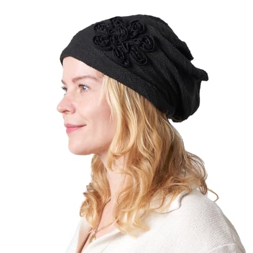 CHARM Strickmütze für Damen aus Baumwolle - Damenhut Elegant Baskenmütze Beanie mit Blumen Motiv Jede Jahreszeit Schwarz von CHARM