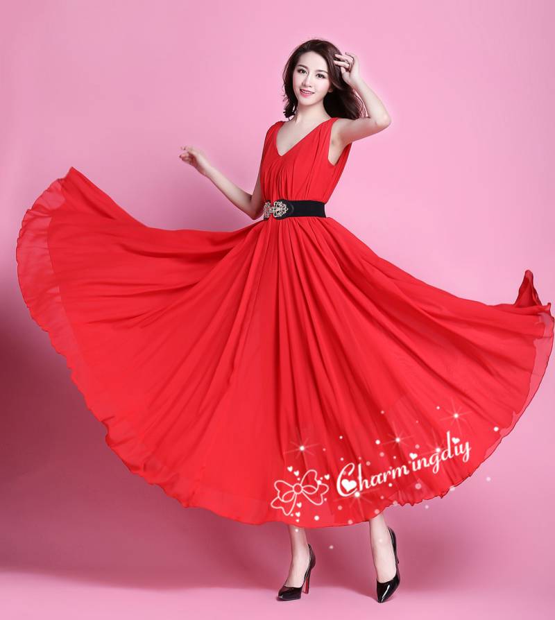 110 Farben Chiffon Rot V-Ausschnitt Langes Partykleid Hochzeit Leichtes Sommerkleid Sommer Urlaub Strandkleid Brautjungfer Kleid Maxi Rock J010 von CHARMINGDIY