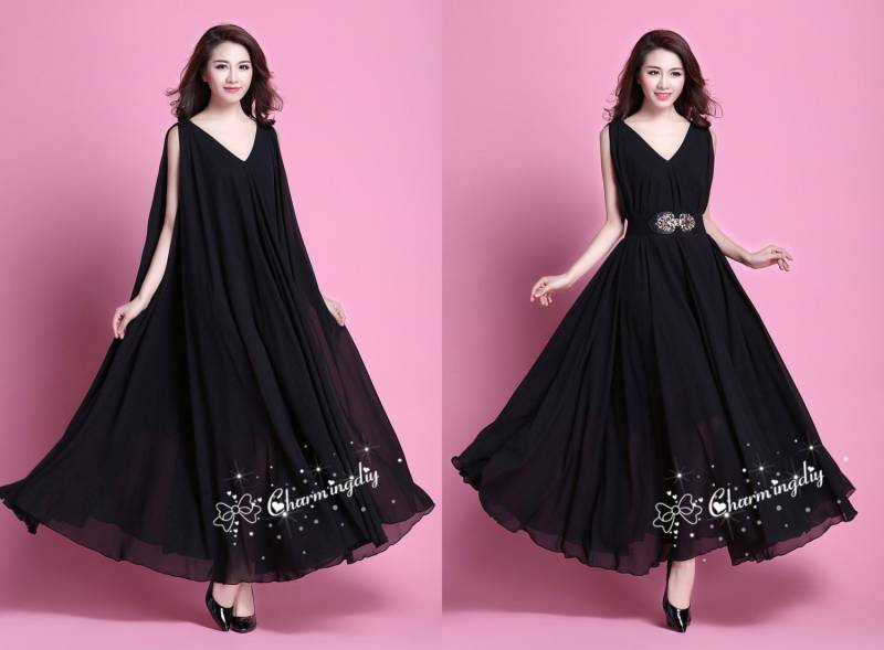 110 Farben Chiffon Schwarz V-Ausschnitt Langes Partykleid Abend Hochzeit Leicht Sommer Urlaub Strandkleid Brautjungfer Kleid Maxi Rock J003 von CHARMINGDIY