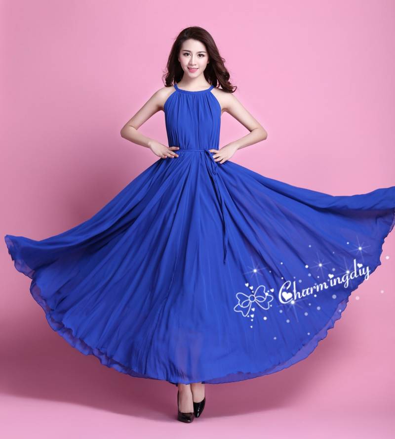 90 Farben Chiffon Blau Langes Party Kleid Abend Hochzeit Sommerkleid Sommer Urlaub Mutterschaftskleid Strand Brautjungfer Maxi Rock J009 von CHARMINGDIY