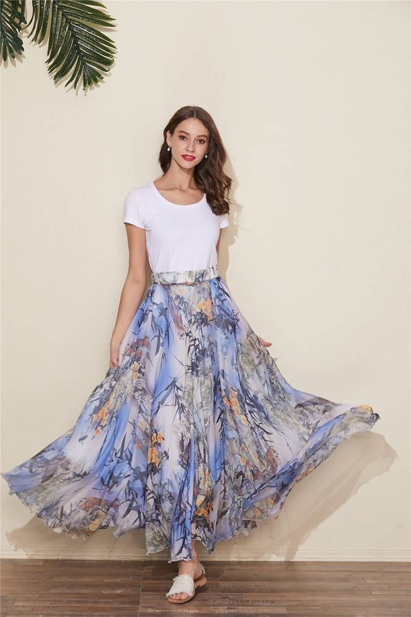 Blauer Chiffon-Maxirock Mit Blumenmuster Leichte Hochzeitsfeier von CHARMINGDIY