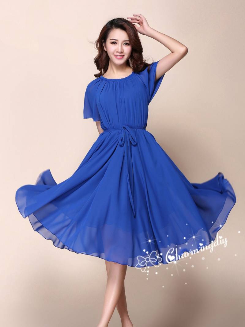 Blaues Chiffon Brautjungfer Kleid Kurzarm Sommer Sommerkleid von CHARMINGDIY