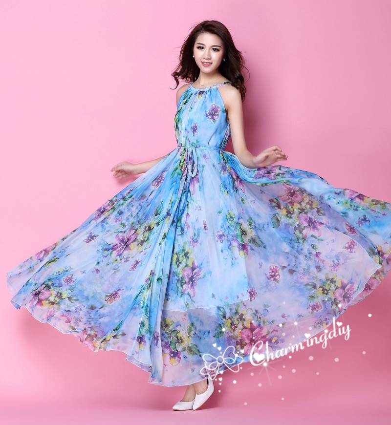 Blaues Chiffon Maxikleid Leichtes Sommerkleid von CHARMINGDIY
