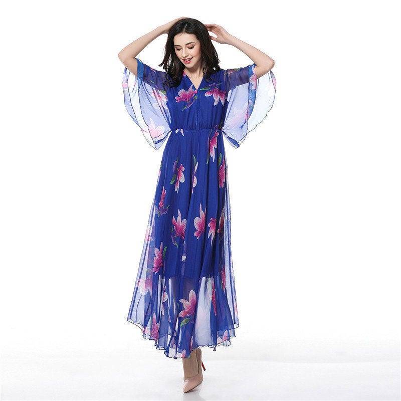 Blaues Chiffon Maxikleid Mit Blumenmuster Leichtes Party Brautjungfernkleid von CHARMINGDIY