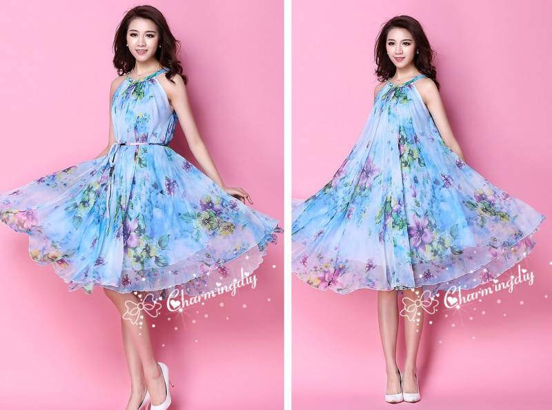 Blaues Chiffon Sommerkleid Leichtes Partykleid Mit Gürtel von CHARMINGDIY