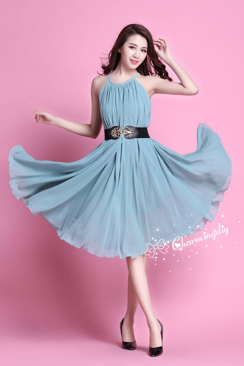 Chiffon Bean Grün Kleid Knielanges Brautjungfer Sommerkleid von CHARMINGDIY