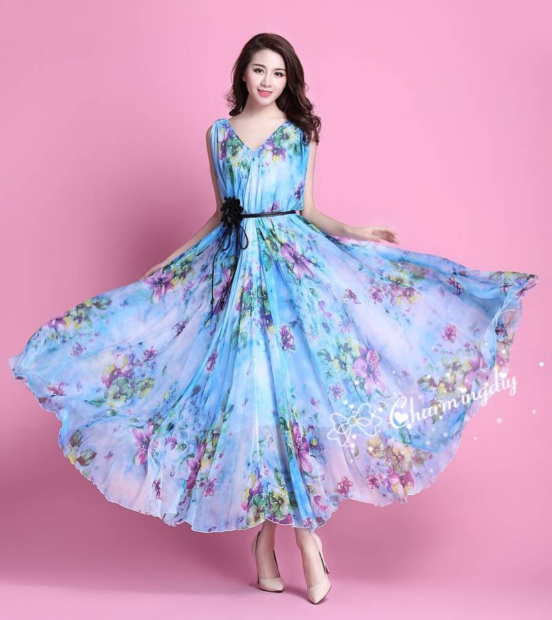 Chiffon Blau Floral Maxi Kleid Leichtes Strand Sommerkleid von CHARMINGDIY
