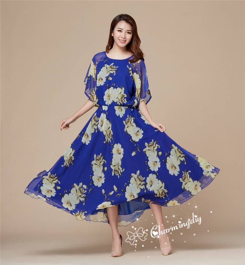 Chiffon Blumen Maxi Kleid Blau Gelb Party Brautjungfer Kleid von CHARMINGDIY