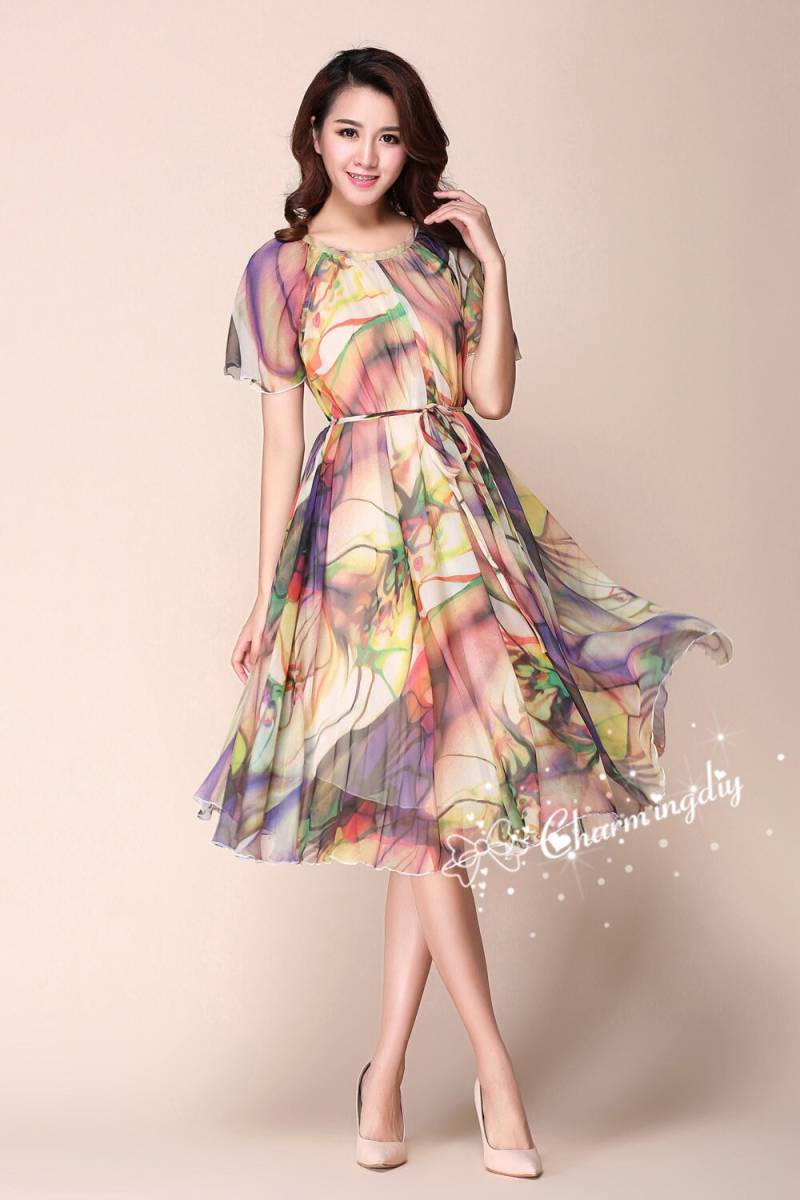 Chiffon Blumen Print Kleid Kurzarm Knielanges Sommerkleid von CHARMINGDIY
