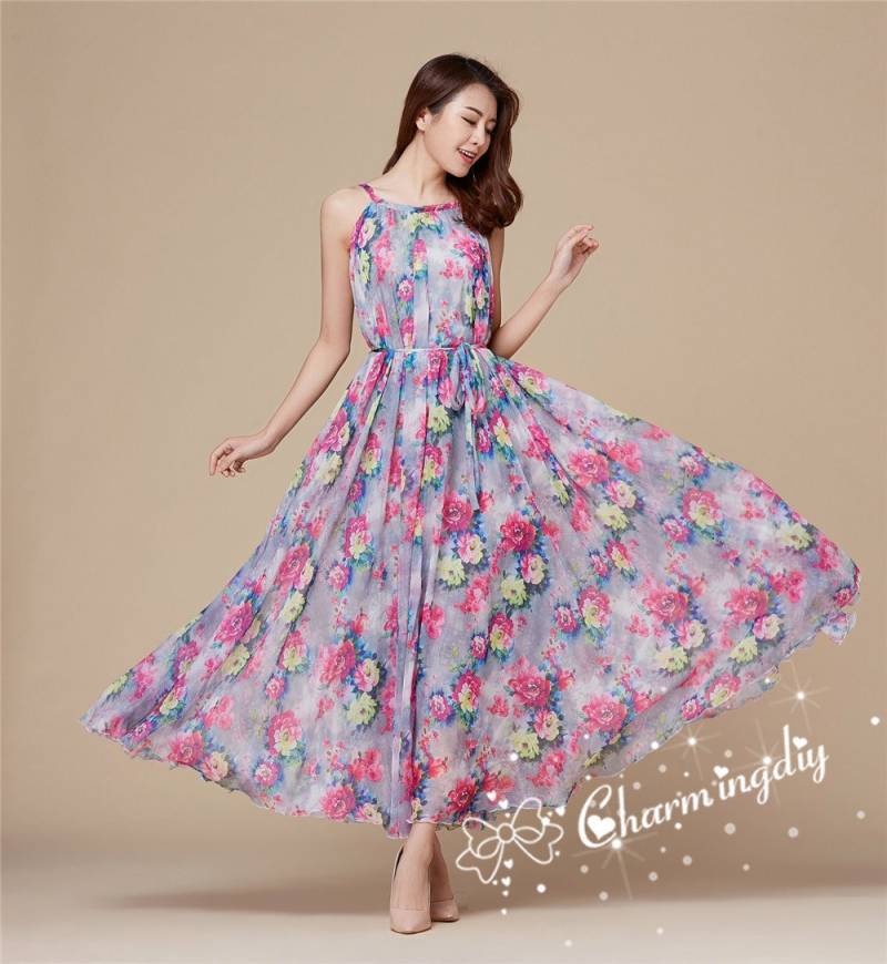 Chiffon Floral Maxi Kleid Grau Rosa Leichtes Sommer Sommerkleid von CHARMINGDIY