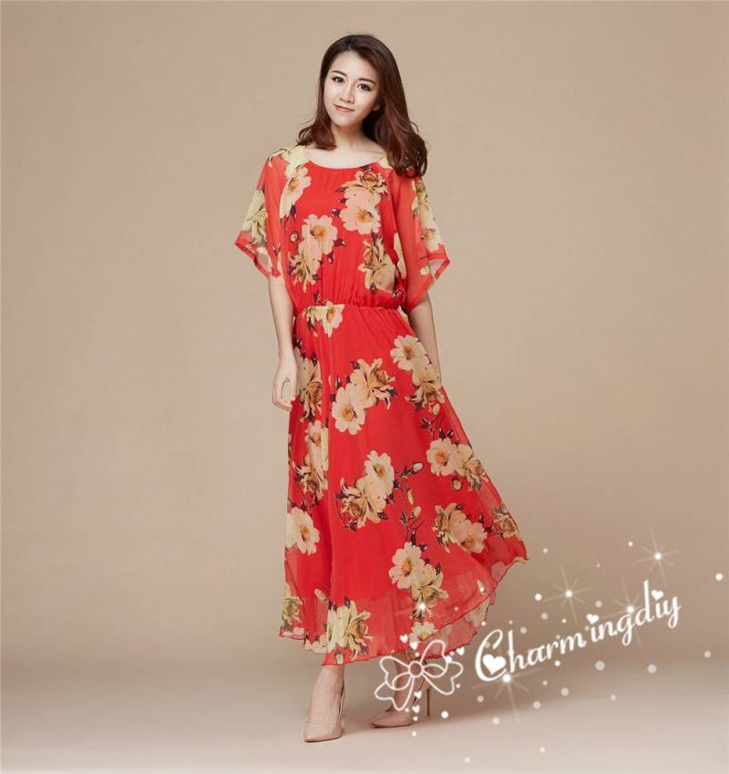 Chiffon Floral Maxi Kleid Rot Gelb Blumen-Party-Kleid von CHARMINGDIY