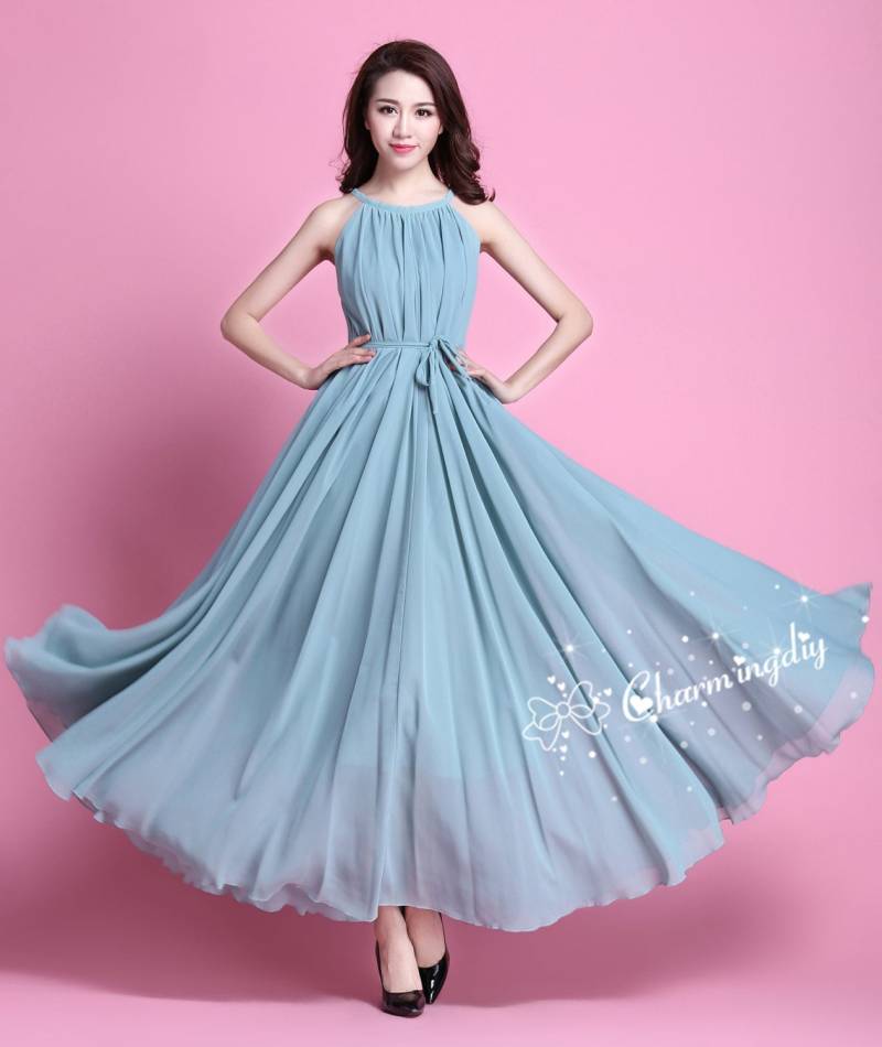 Chiffon Maxikleid Bohnengrün Leichtes Hochzeitsfest Sommerkleid von CHARMINGDIY