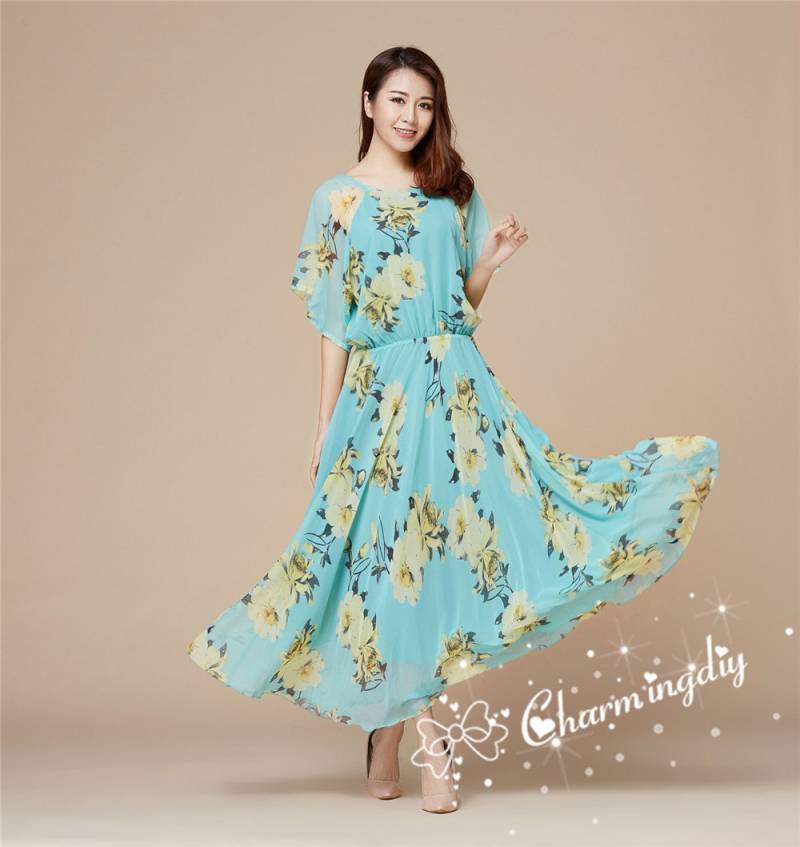 Chiffon Maxikleid Grün Gelb Floral Party Brautjungfer Kleid von CHARMINGDIY