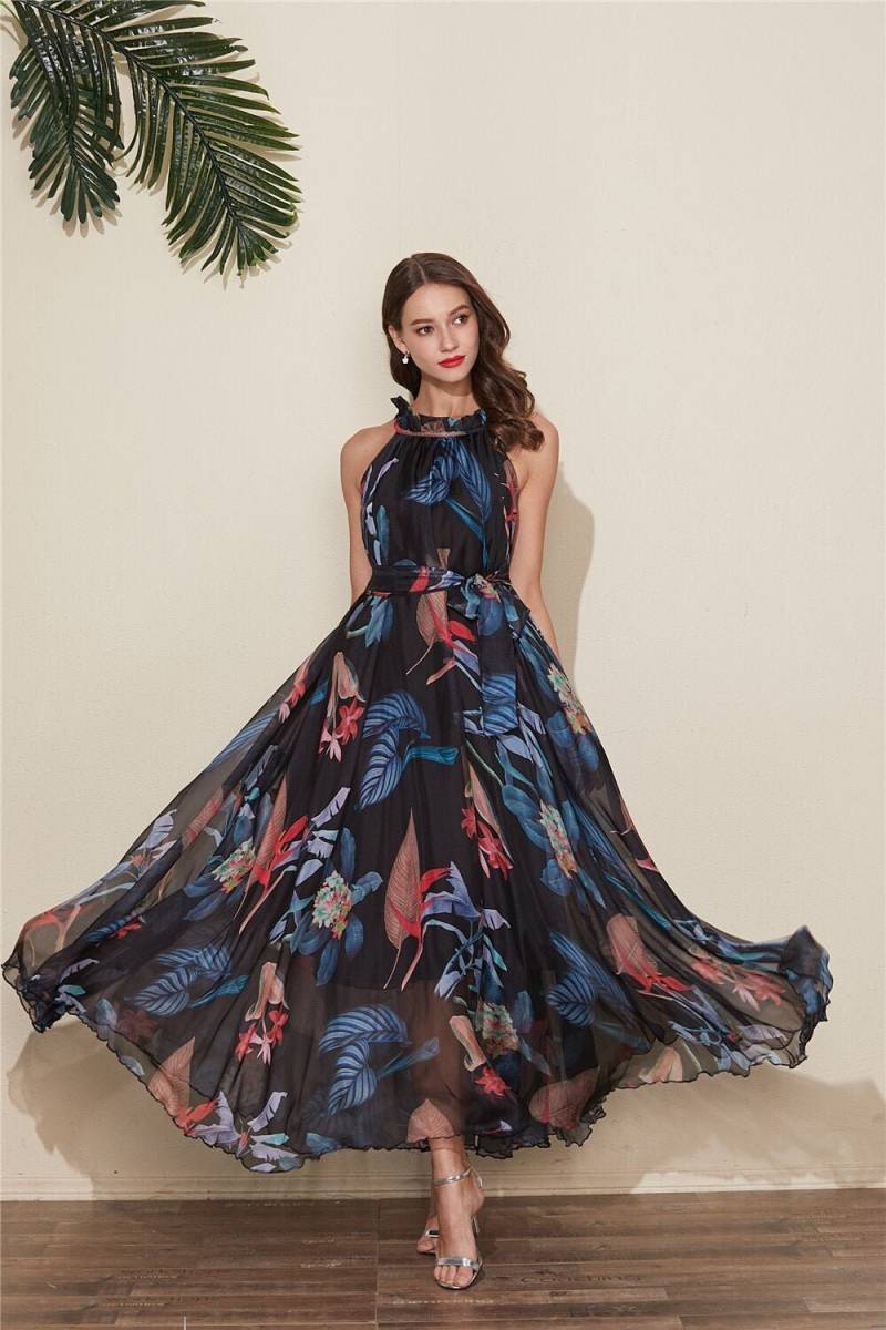 Chiffon Maxikleid Mit Schwarzen Blumen Leichtes Partykleid von CHARMINGDIY