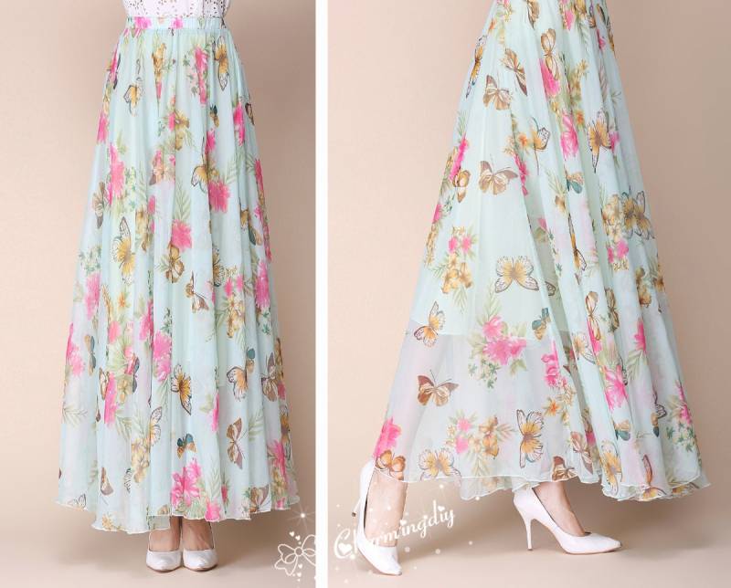 Chiffon Maxirock Blumen Schmetterling Print, Plissee Strand Sommerkleid von CHARMINGDIY