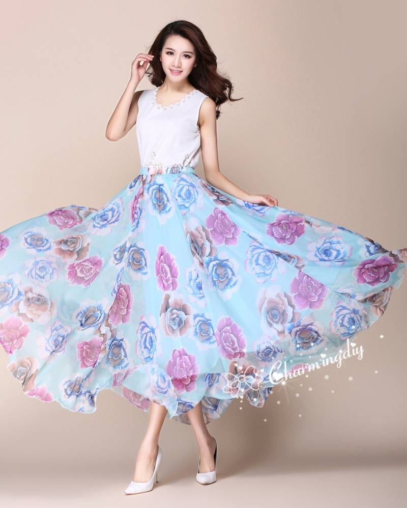 Chiffon Maxirock Langes Plissee Sommerkleid, Plus Größe von CHARMINGDIY