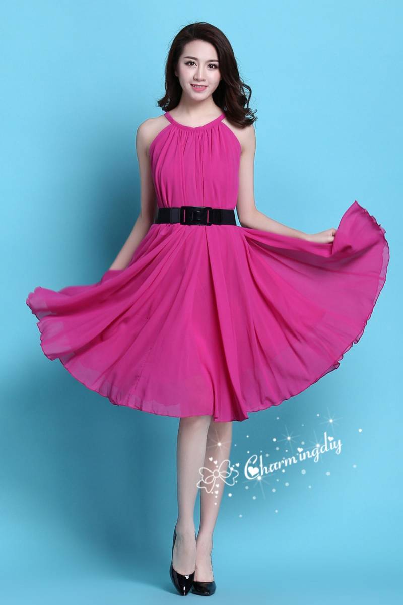 Chiffon Rosy Knie Kleid Leichtes Hochzeit Party Sommerkleid von CHARMINGDIY