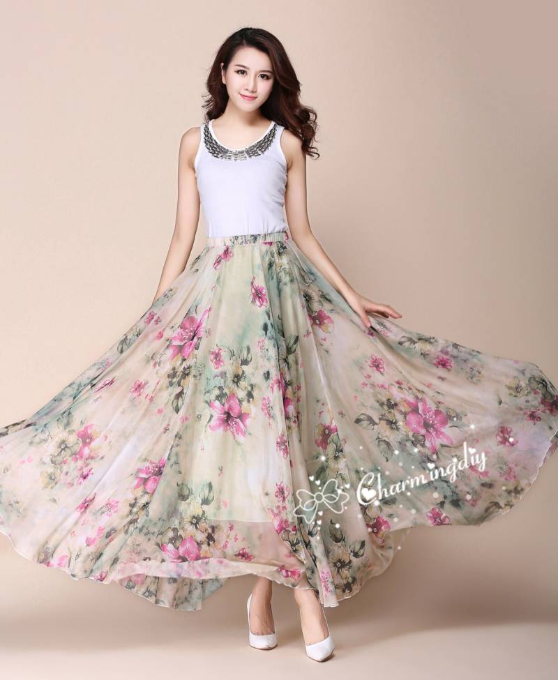 Floral Chiffon Maxi Rock Grüne Blume Sommerkleid, Plus Größe Strand Rock von CHARMINGDIY