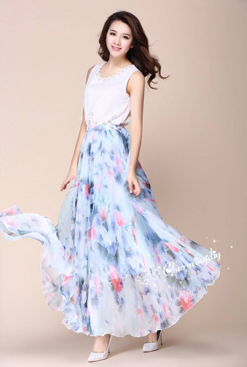 Floral Chiffon Maxi Rock Langes Plissee Sommerkleid Mit Gürtel von CHARMINGDIY
