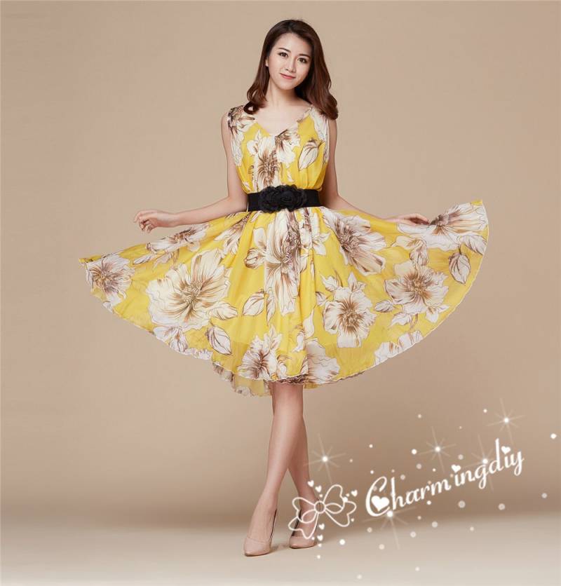 Gelbes Blumen Chiffon Umstandskleid Knielanges Party Sommerkleid von CHARMINGDIY