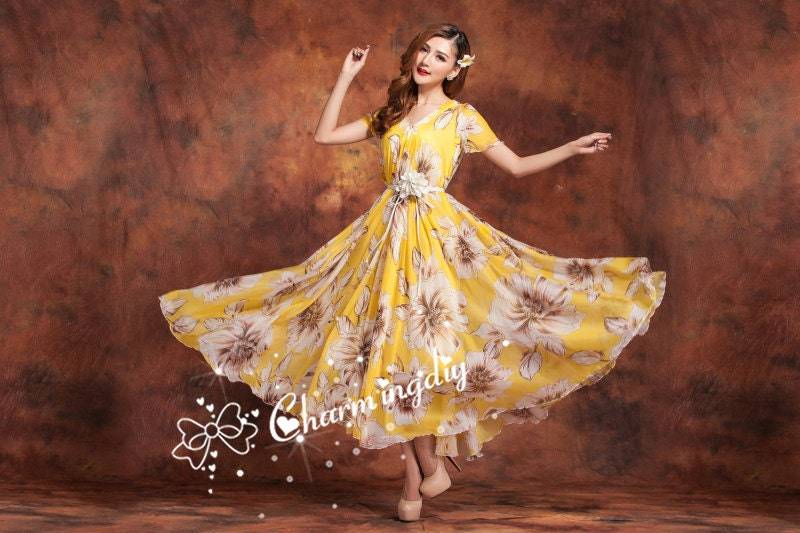 Gelbes Chiffon Maxikleid Mit Blumenmuster Leichtes Sommerkleid von CHARMINGDIY