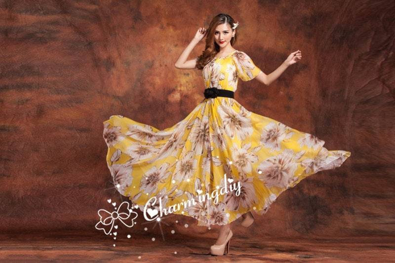 Gelbes Chiffon Maxikleid Mit Blumenmuster Leichtes Umstandskleid von CHARMINGDIY