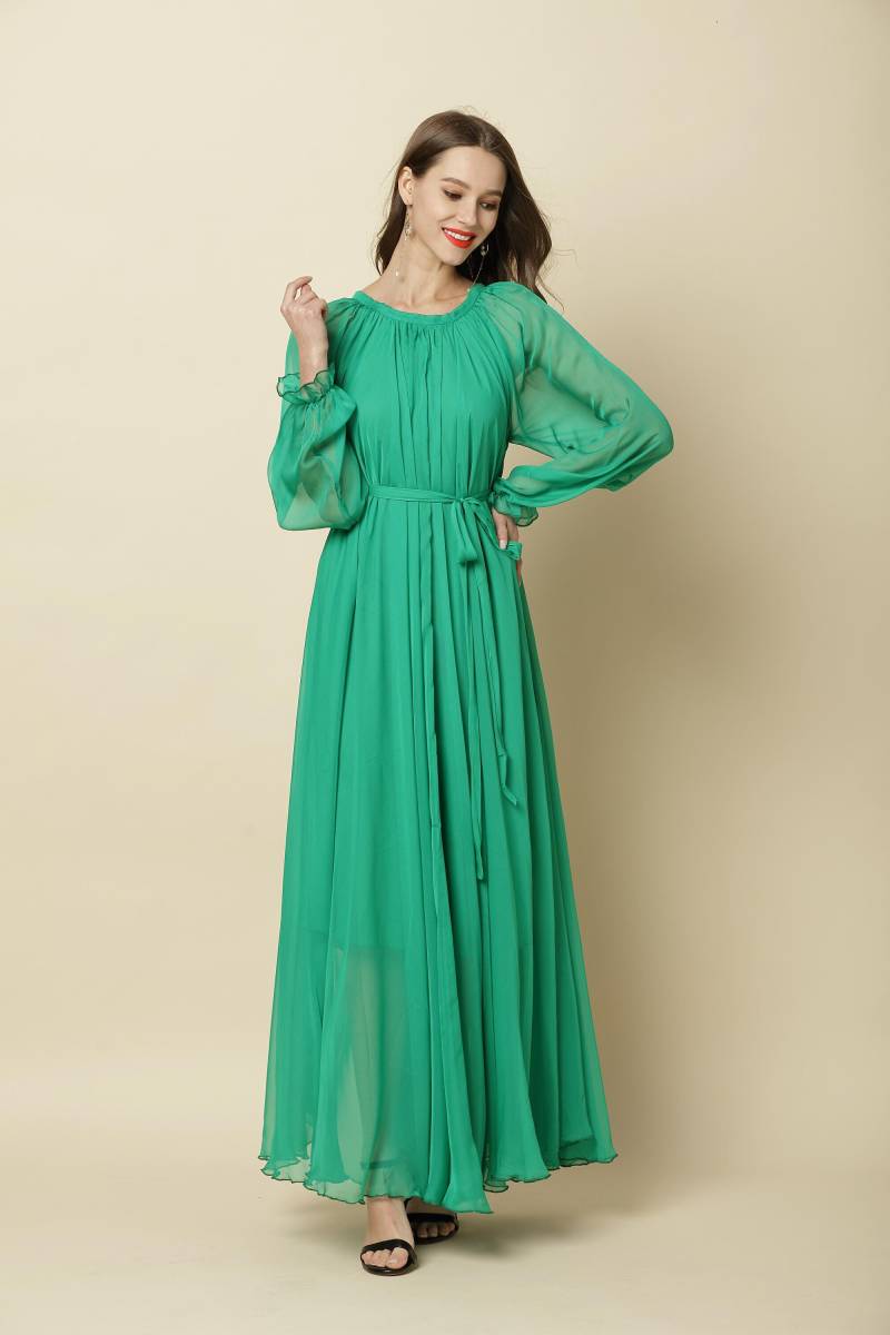 Grünes Chiffon Maxikleid Abendkleid Mit Langen Ärmeln von CHARMINGDIY