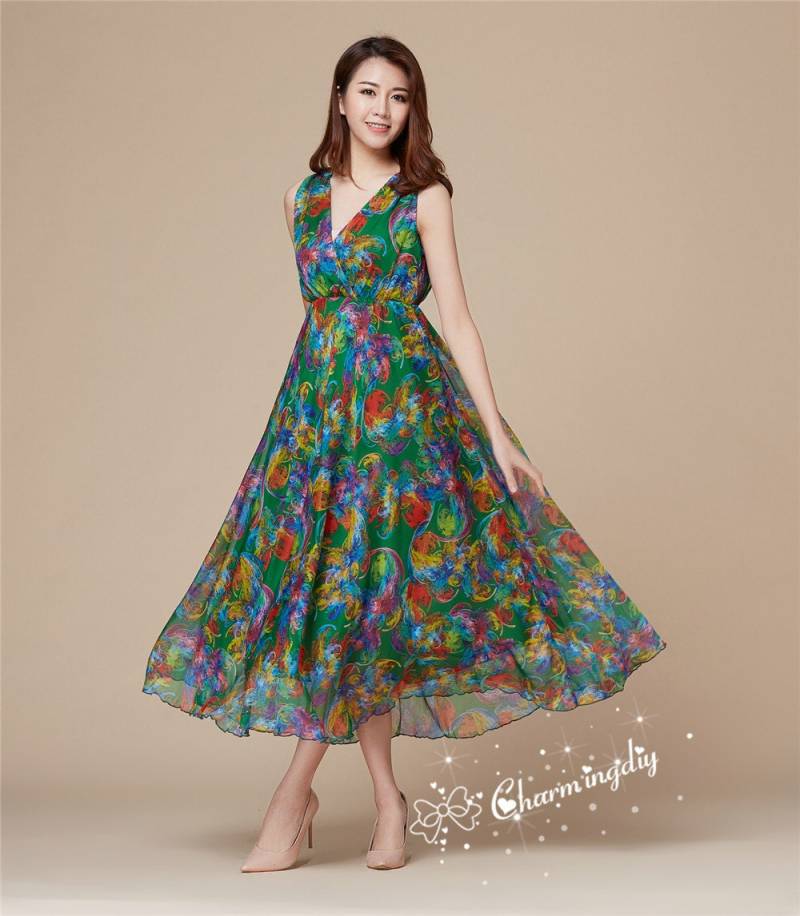 Grünes Chiffon-Maxikleid Mit Blumenmuster Leichtes Party-Brautjungferkleid von CHARMINGDIY