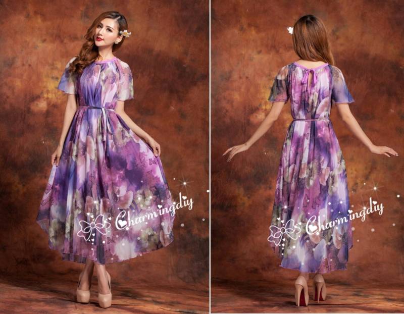 Lila Chiffon Langes Kleid Mit Blumenmuster Leichtes Sommerkleid von CHARMINGDIY